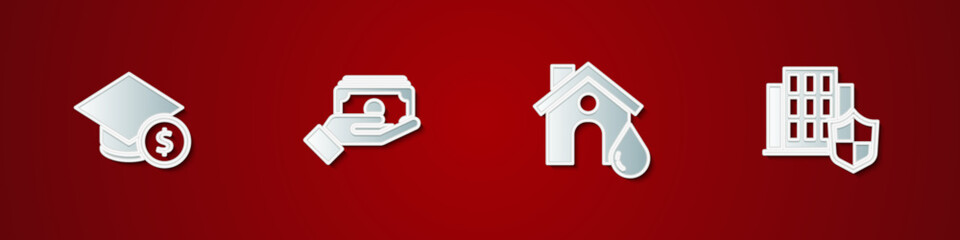 Set Graduation cap and coin, Stacks paper money cash, House flood and with shield icon. Vector
