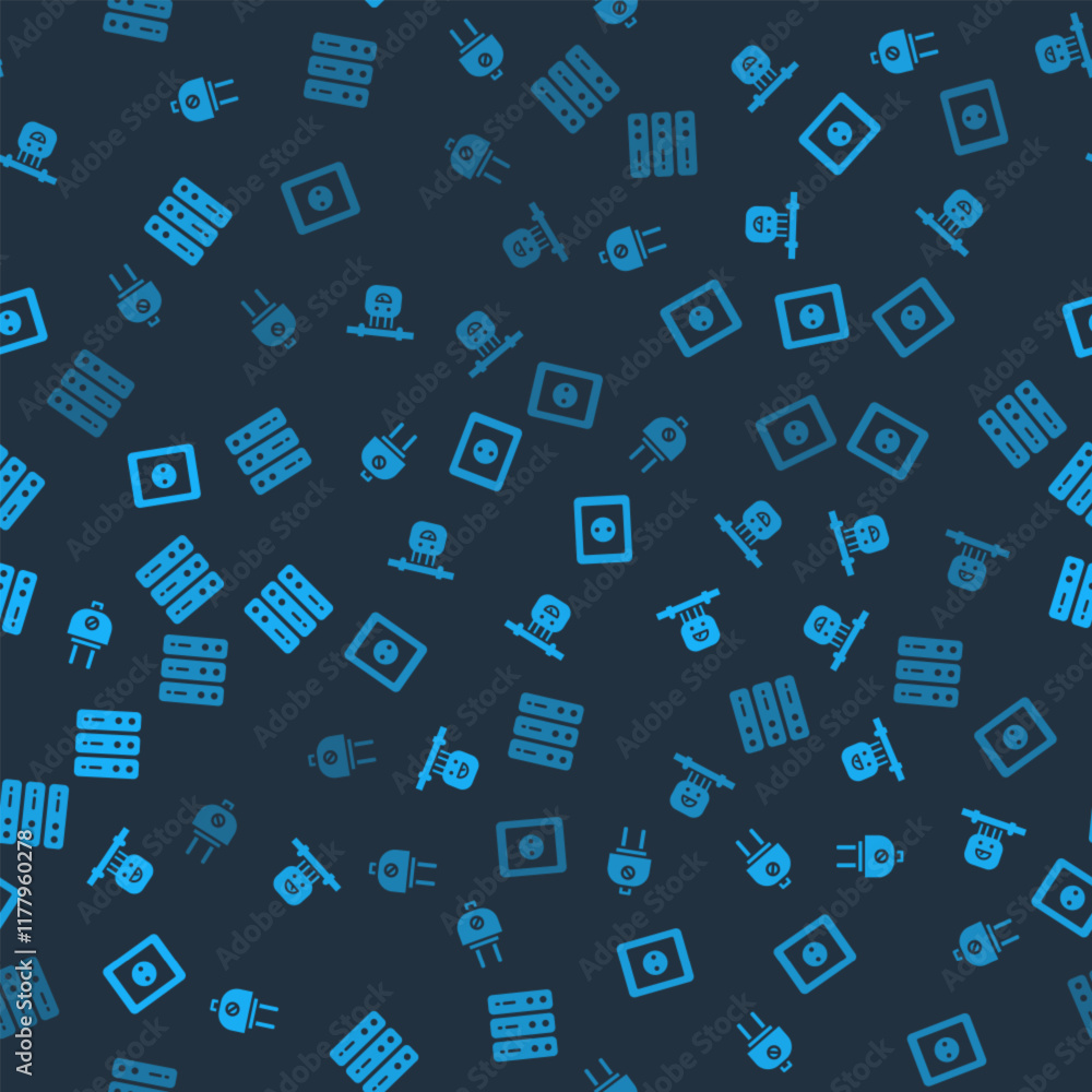 Poster set electric plug, smart sensor, electrical outlet and server, data, web hosting on seamless pattern