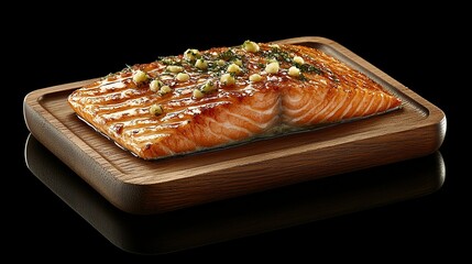 Grilled salmon fillet with herbs on wooden board, black background.