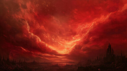 Fototapeta premium An expressionist portrayal of a bustling red sky, radiating the intense emotion of melancholy. Interior table design.