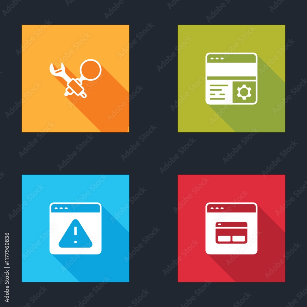 Poster set debugging, , browser with exclamation mark and search engine icon. vector