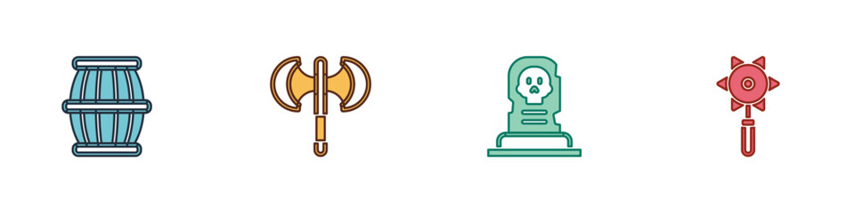 Set Gun powder barrel, Medieval poleaxe, Grave with tombstone and chained mace ball icon. Vector