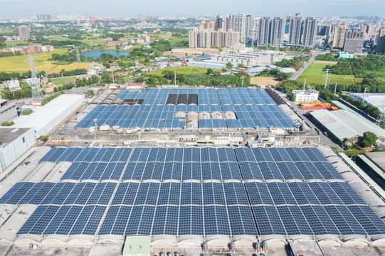 Industrial Rooftop Solar Panel Installation Urban Aerial View