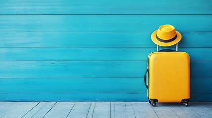 Bright yellow suitcase and hat against a vibrant blue wooden wall in a travel setting