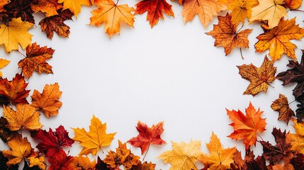 Colorful autumn leaves arranged in a decorative frame on a white background