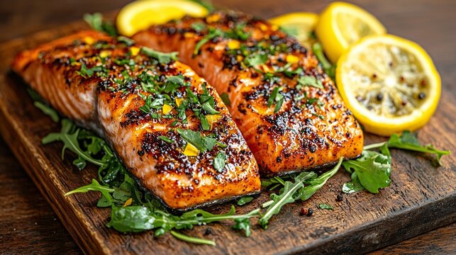 Grilled salmon fillets with lemon on wooden board.