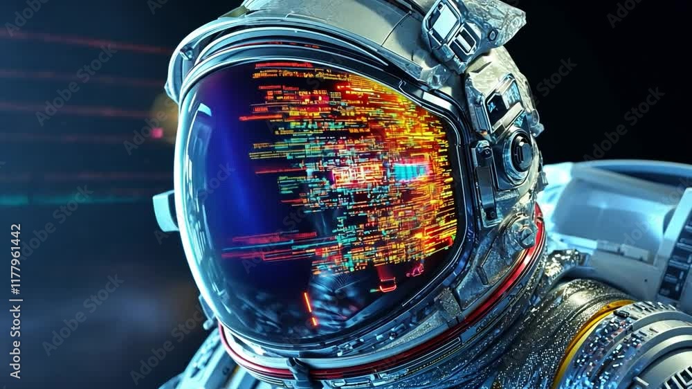 Poster futuristic astronaut helmet with glowing digital patterns in 4k resolution