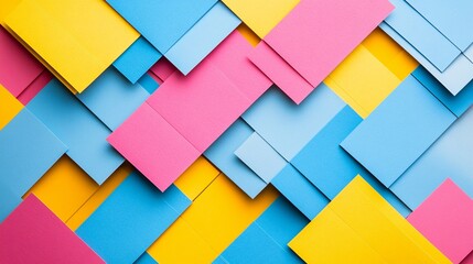 Colorful paper rectangles in blue, pink, and yellow arranged on a flat surface
