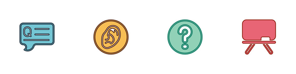 Obraz premium Set Speech bubbles with Question, Ear listen sound signal, and Chalkboard icon. Vector