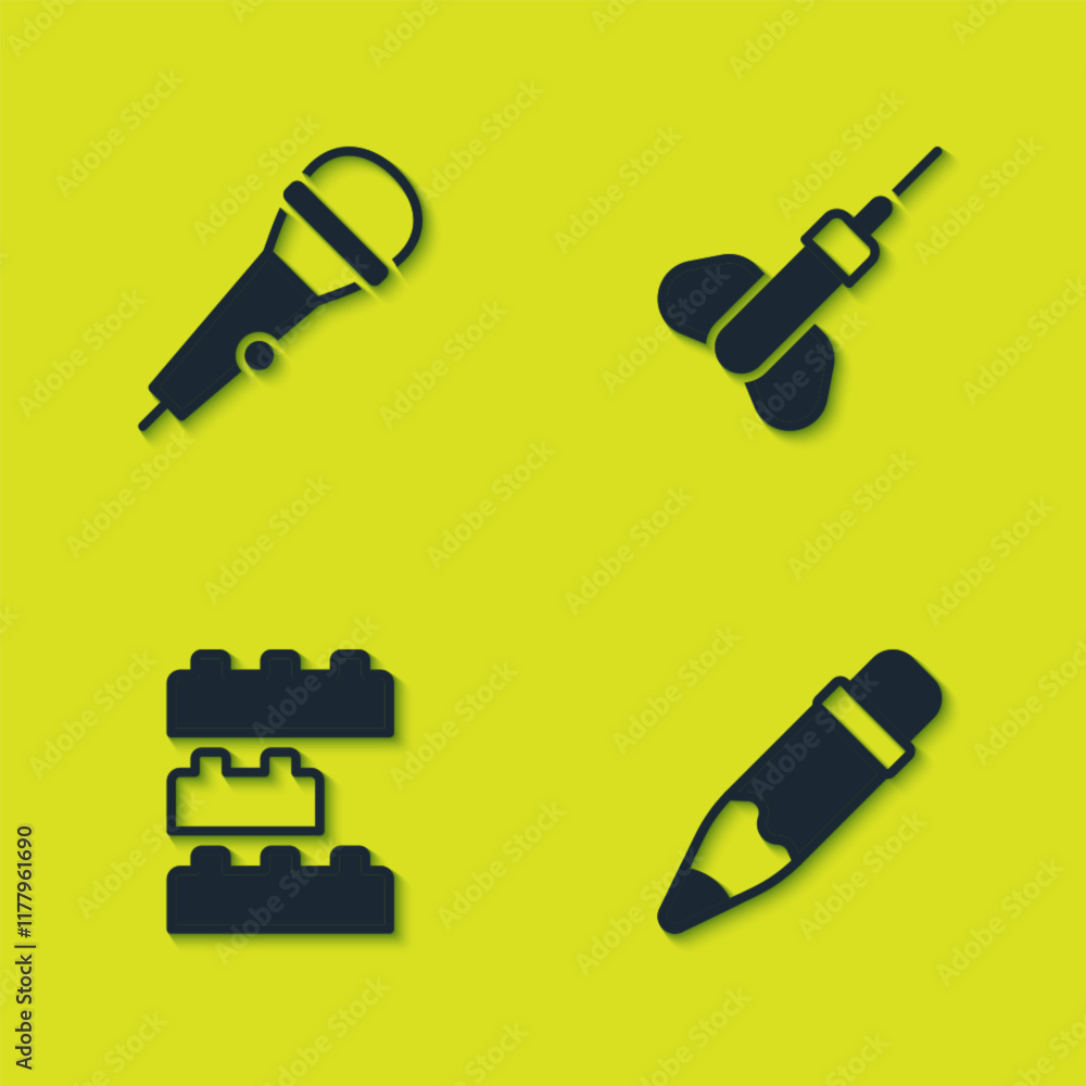 Poster set microphone, pencil with eraser, toy building block bricks and dart arrow icon. vector