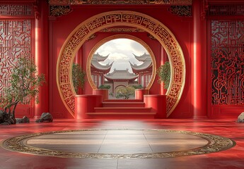 Obraz premium Modern red-themed Chinese New Year product showcase on three podiums with a golden ring frame and China pattern background, embodying holiday festival traditions. 3D illustration render graphic