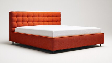 Modern orange bed with a tufted headboard and a white mattress on a simple design