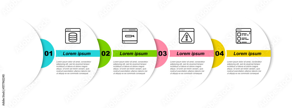 Poster set line server, data, web hosting, search engine, browser with exclamation mark and files. business