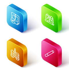 Set Isometric line Lungs x-ray diagnostics, Disease lungs, and Cigarette icon. Vector