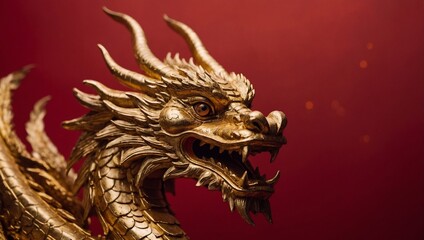 Golden dragon on red background. Symbol of Chinese New Year, place for text