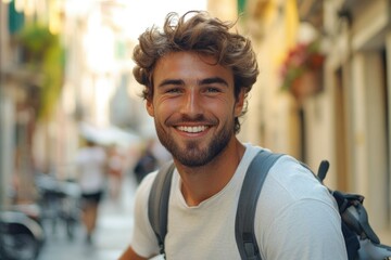 Fototapeta premium Happy man with bike explores Italy on vacation.