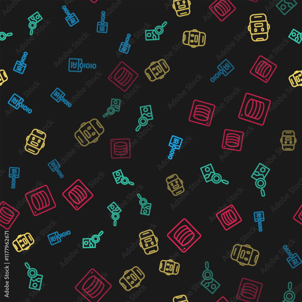 Poster set line binary code, photo retouching, chat bot and server, data on seamless pattern. vector