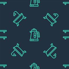 Set line Electric kettle, Bathtub and Empty wooden shelves on seamless pattern. Vector