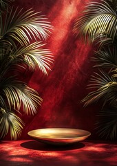 Obraz premium A shiny gold round steel podium stage on a red counter table, featuring a bamboo tree bathed in sunlight and leaf shadows cast on the wall background, ideal for luxury beauty, cosmetic, and jewelry