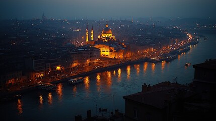 Naklejka premium Illuminated cityscape with mosque by river at dusk.