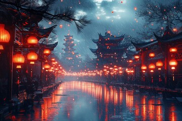 Naklejka premium Chinese New Year celebration in China Town features dragons and paper red lanterns. Stock