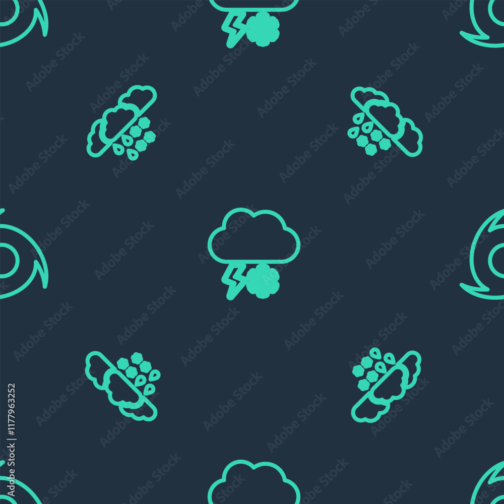 Poster set line cloud with snow and lightning, rain and tornado on seamless pattern. vector
