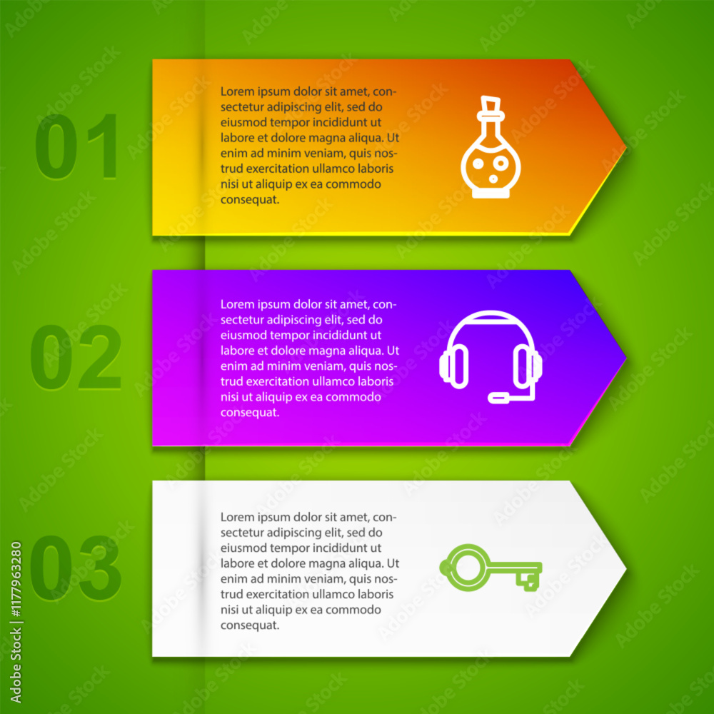 Poster set line bottle with magic elixir, headphones, ancient key for game and game dice. business infograp