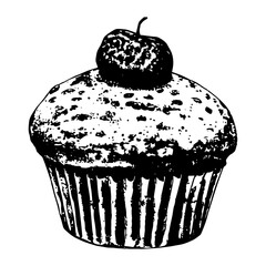 hand drawn muffin cupcake vector with cherry on top, retro style black and white bakery illustration