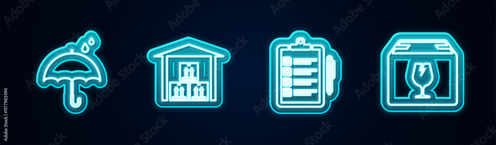 Poster set line umbrella and rain drops, warehouse, verification of delivery list and delivery box with fra