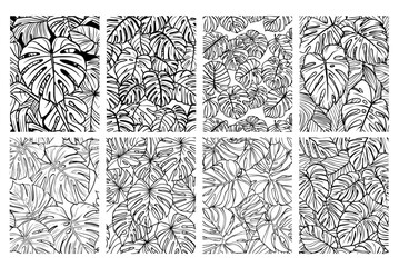 collection of black and white monstera leaf patterns for decor and design