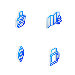 Set Isometric line Location of the forest, Canteen water bottle, Kayak canoe and Thermos container icon. Vector