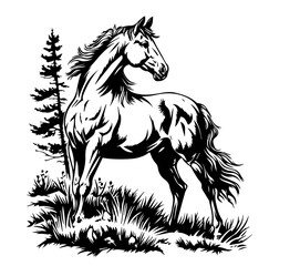 artistic black and white vector design of a horse with detailed line textures