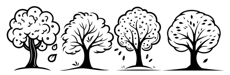 whimsical black and white vector tree designs with unique shapes and sketchy outlines