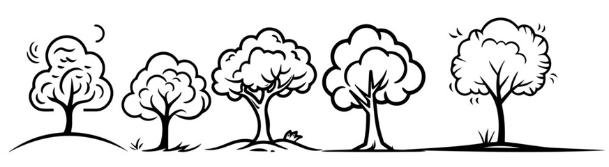 vector illustration of five black and white cartoon trees with simple and playful line art style © Luka