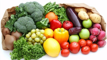 Fresh assortment of colorful vegetables and fruits arranged on a white background