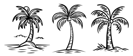 stylized black ink drawing of palm trees with intricate details
