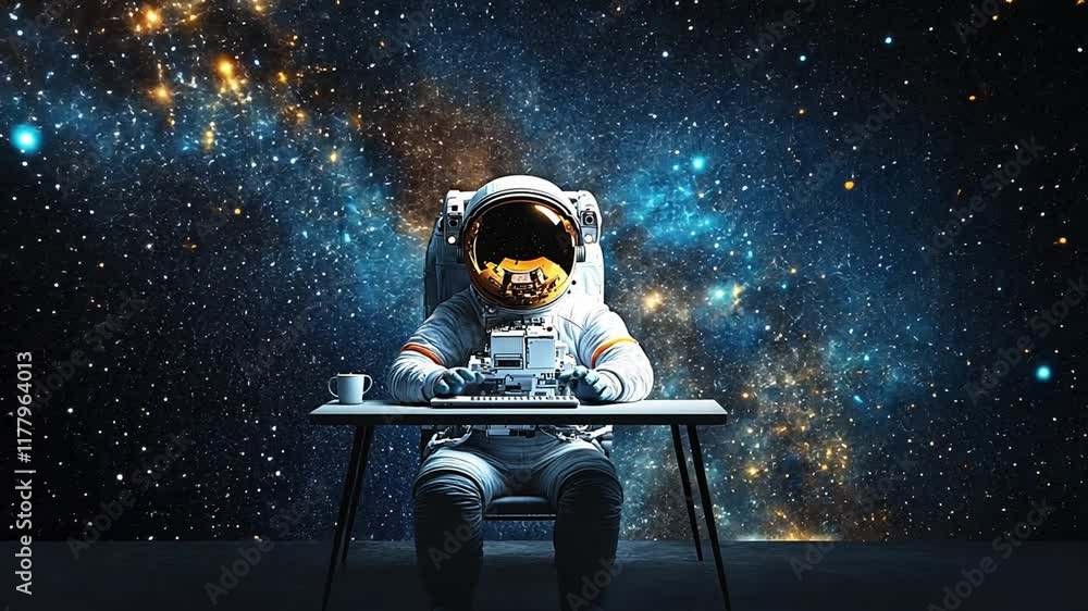 Poster astronaut working at a desk in a cosmic space setting with stars and galaxies in 4k quality