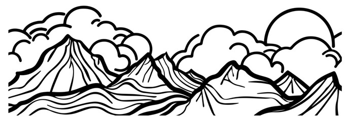 vector illustration of a hand-drawn mountain landscape with clouds and rolling hills