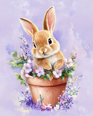 Adorable bunny in flower pot on pastel purple background with copy space. Illustrations for children's books