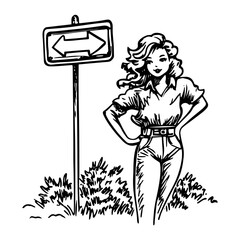hand-drawn illustration of a woman next to a directional street sign