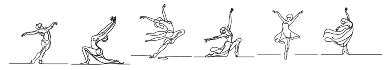 minimalist black and white line art of dancers in elegant poses