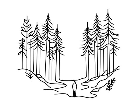 black and white vector drawing of trees and a path in a simple sketch style