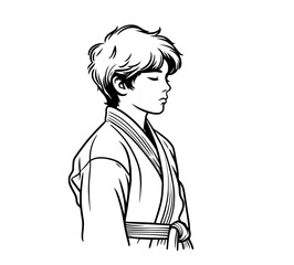 young boy in a judo uniform with calm expression, black and white vector