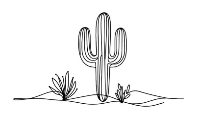 elegant hand-drawn vector cacti with flowers in a simple linear design