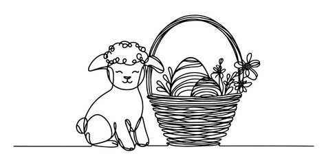 artistic black and white illustration of an easter lamb and floral basket in sketch style © Luka