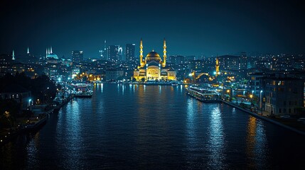 Illuminated mosque by river, cityscape backdrop at night.