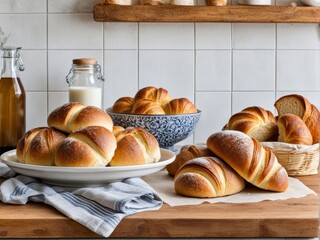 Deliciously flaky croissants dusted with powdered sugar. Captures essence of bakery freshness, appealing to food lovers and culinary enthusiasts. Great for social media food posts.