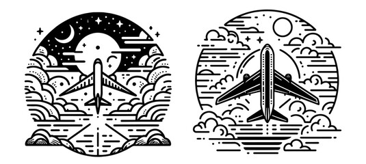 Fototapeta premium hand-drawn vector airplane in flight surrounded by clouds and sun