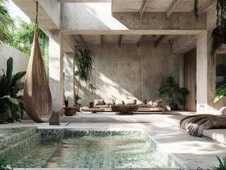 Luxurious open air living space with pool and tropical plants in modern bali architecture © Sergej Gerasimov