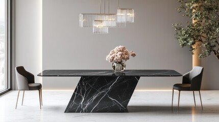 Modern black marble dining table, minimalist apartment, floral centerpiece, window view, interior design